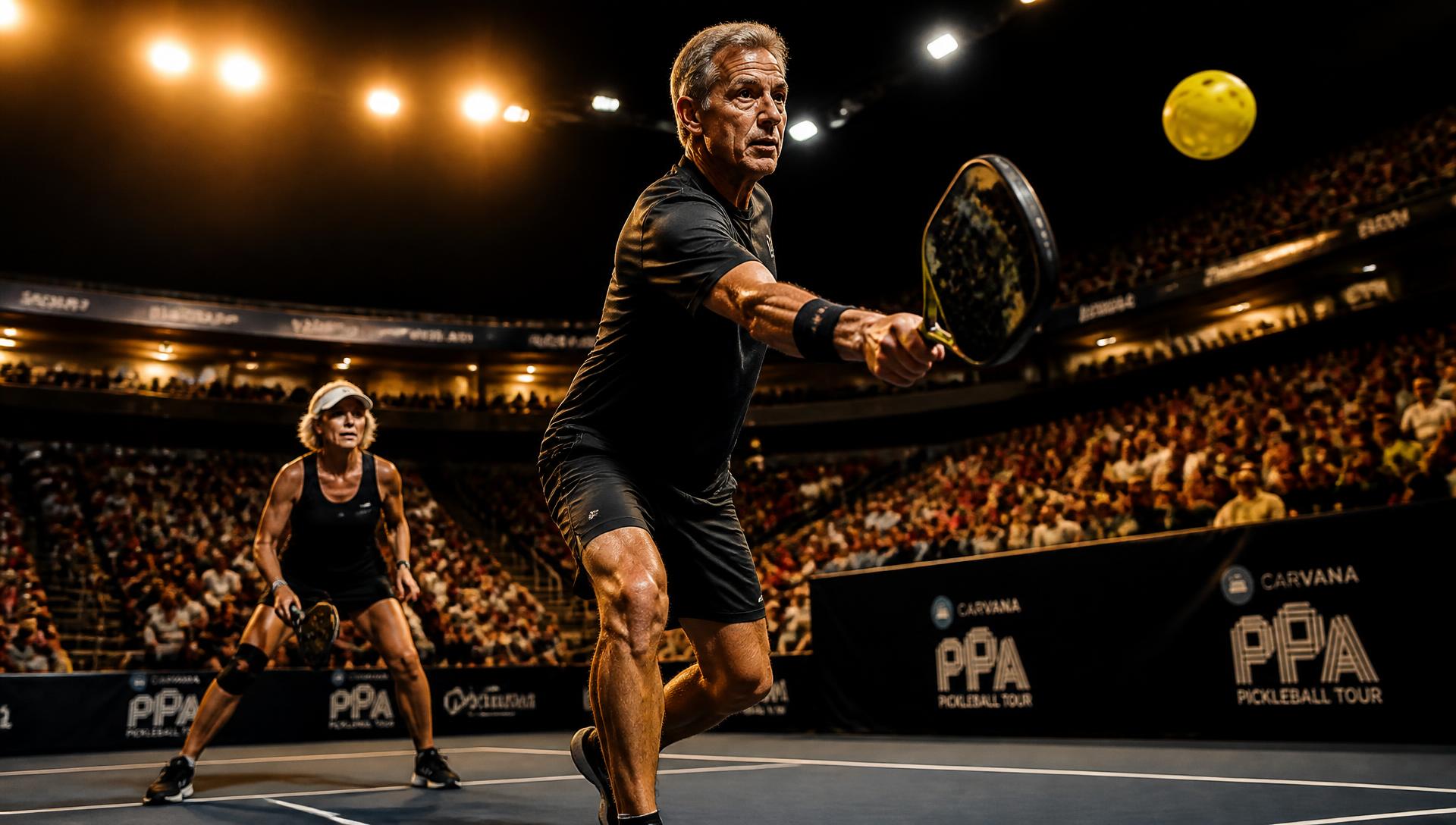 Jugadores senior de pickleball compitiendo en un pabellón internacional